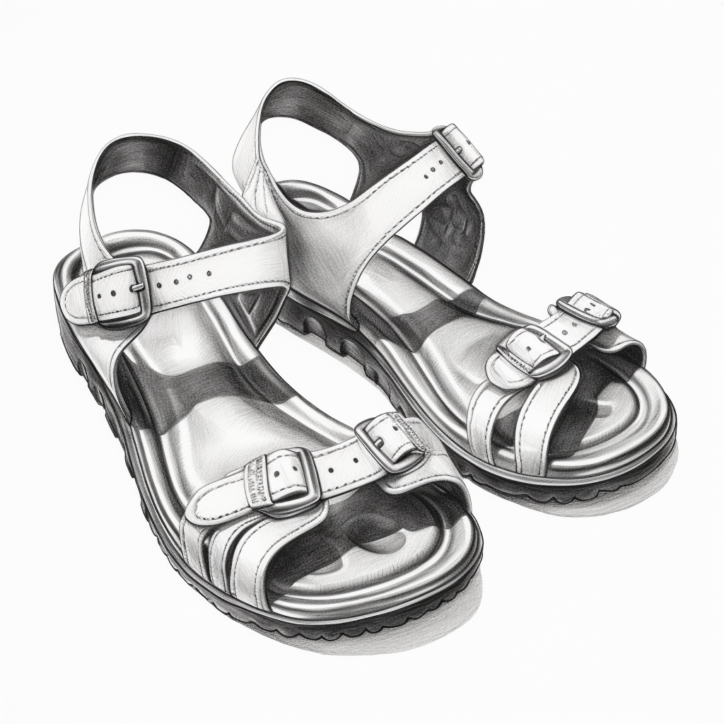 Hand-drawn illustration of stylish white sandals with adjustable buckles and comfortable soles, perfect for casual and summer wear.