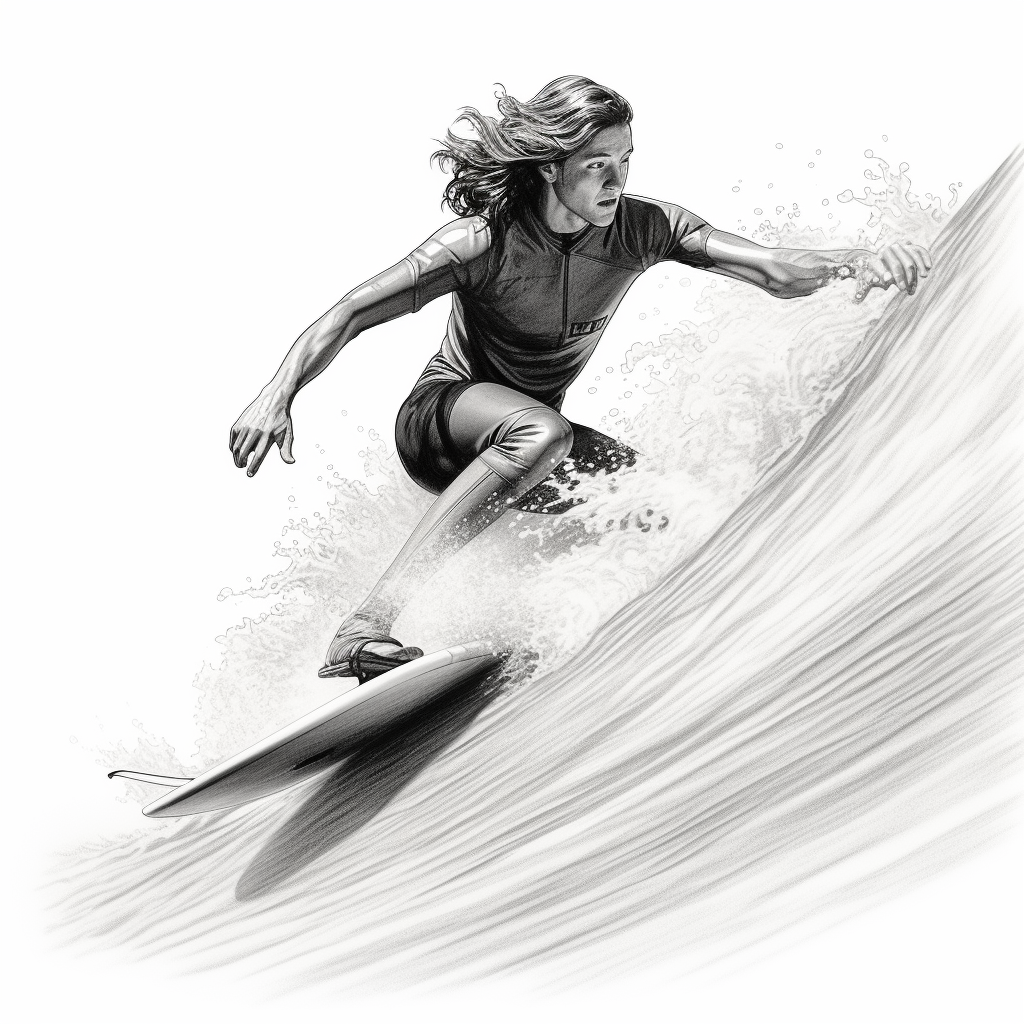 Illustration of a focused young surfer riding a wave, showcasing athleticism and balance. Pencil sketch style with dynamic movement.