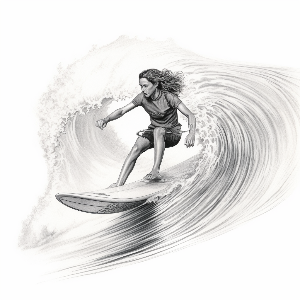 Black and white illustration of a skilled surfer riding a powerful wave, showcasing balance and precision on a surfboard.