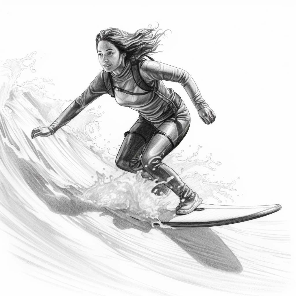 Woman surfing a wave in a dynamic pose, pencil sketch, wearing protective gear and focused expression.
