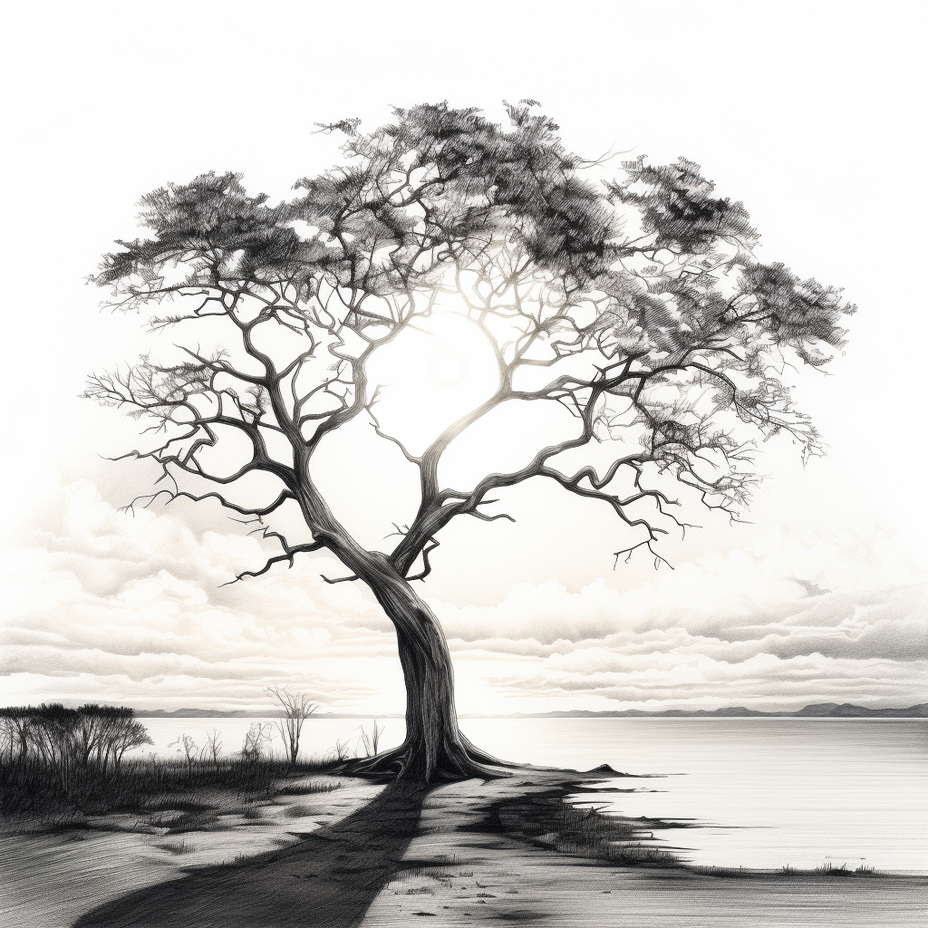 Pencil sketch of a solitary tree by a lakeside with distant mountains under a cloudy sky, capturing nature's serenity.