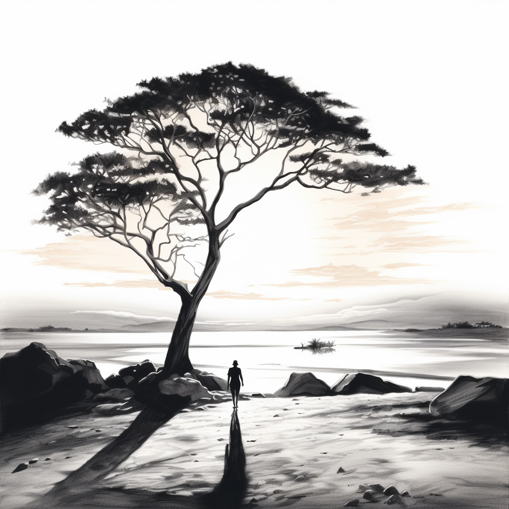 Silhouette of a person standing by a lone tree on a serene beach at sunset, casting a long shadow over the sand.