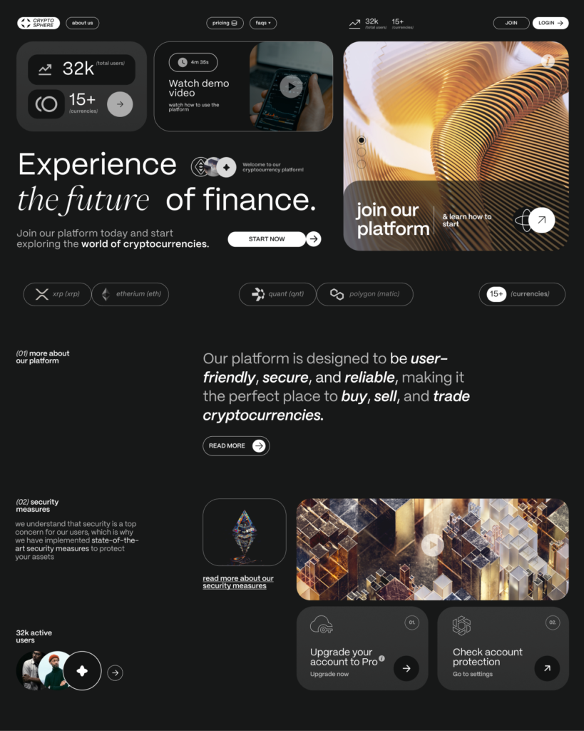 Crypto platform interface, promoting secure trading with 32k users, demo video, and various cryptocurrencies. Join now.
