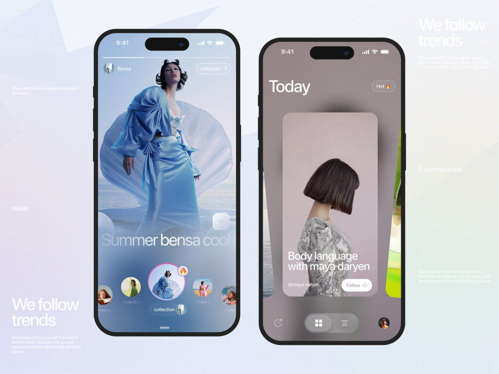 Two smartphone screens showcasing a fashion app featuring stylish clothing trends, daily updates, and influencer content.