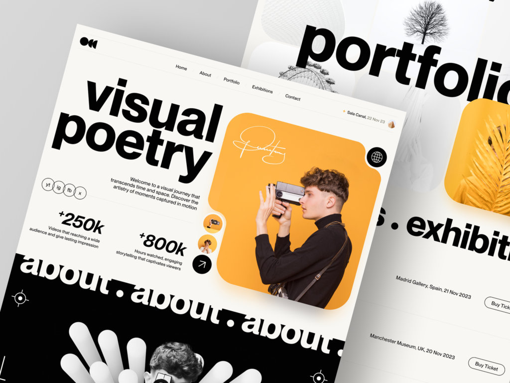 Modern visual poetry web design with photography theme, showcasing stats and upcoming exhibitions in Madrid and Manchester.