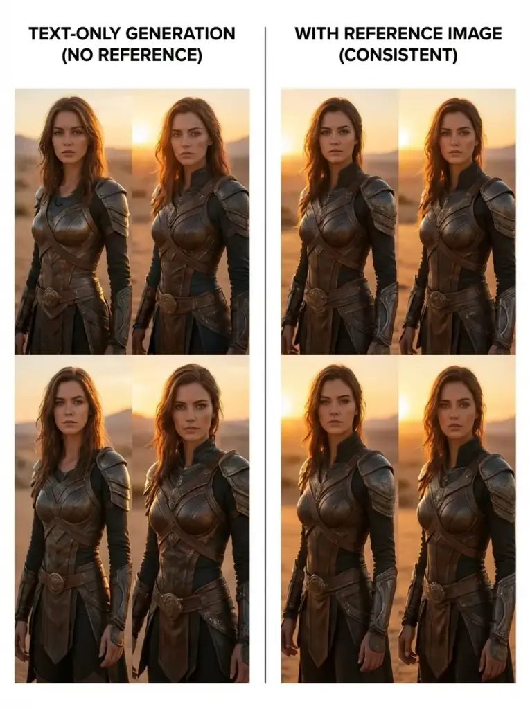 AI image generation comparison: female warrior in bronze armor at sunset, text-only vs reference-image consistency