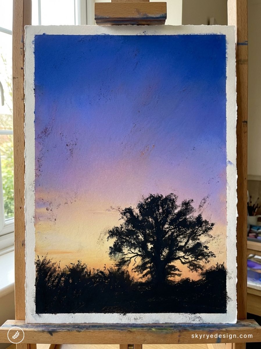 Sunset tree silhouette landscape painting on easel with purple-orange gradient sky, atmospheric pastel art