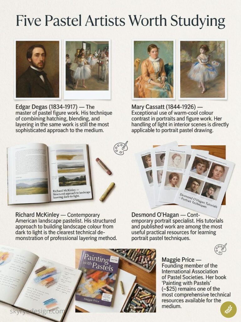 Infographic: five pastel artists to study, with portraits, artwork, sketches and pastel supplies, tips for pastel techniques.