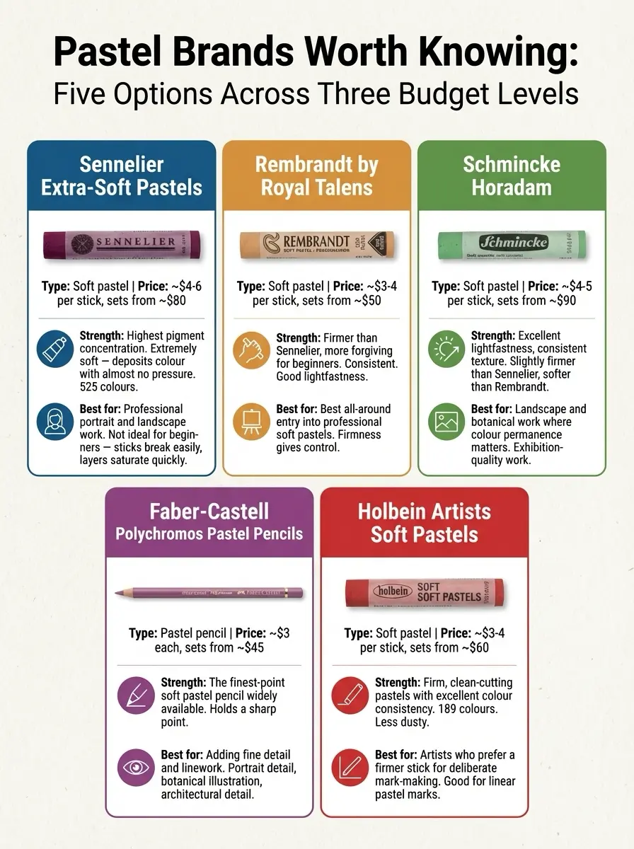 Infographic of five pastel brands (Sennelier, Rembrandt, Schmincke, Faber-Castell, Holbein) showing types, strengths, prices.