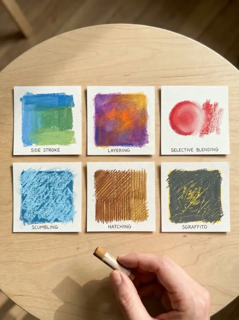 Oil pastel techniques: six labeled swatches (side stroke, layering, scumbling, sgraffito) on wood table, hand holding pastel