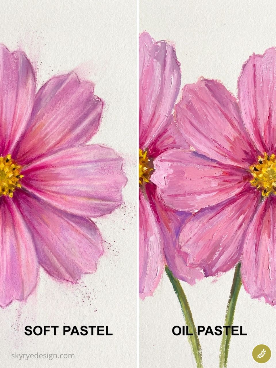 Soft pastel vs oil pastel pink flower art texture comparison showing brushstroke and finish differences