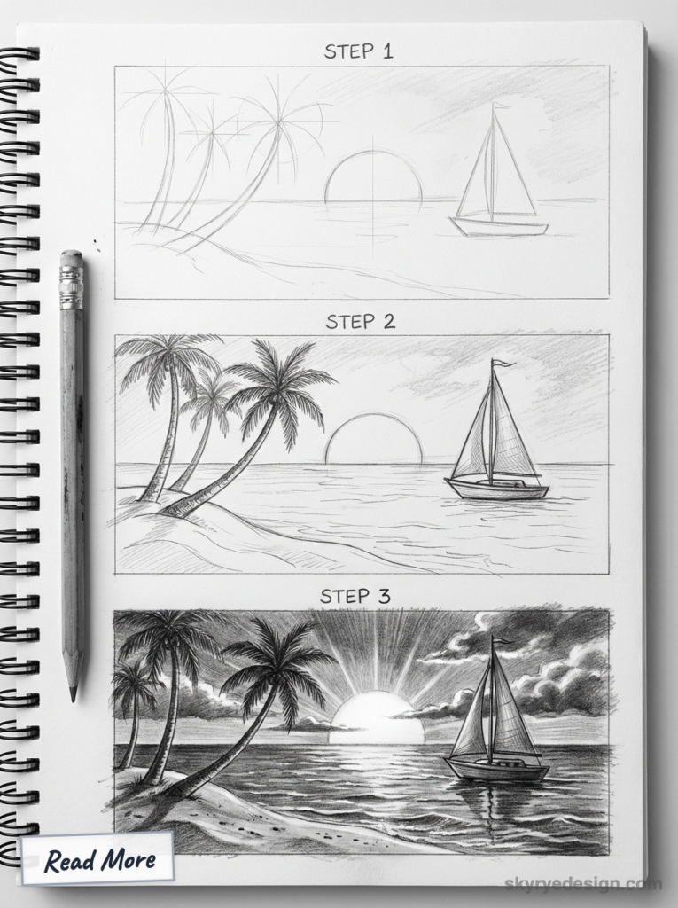 Step-by-step pencil sketch tutorial of a tropical sunset with palm trees and a sailboat on a spiral-bound sketchbook page.