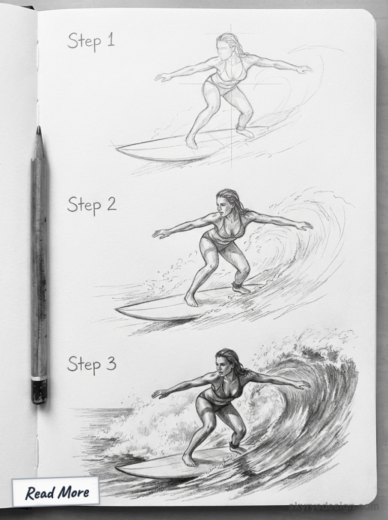 Surfing drawing tutorial: pencil sketch three-step progression of a female surfer riding a wave in a sketchbook, pencil visible.