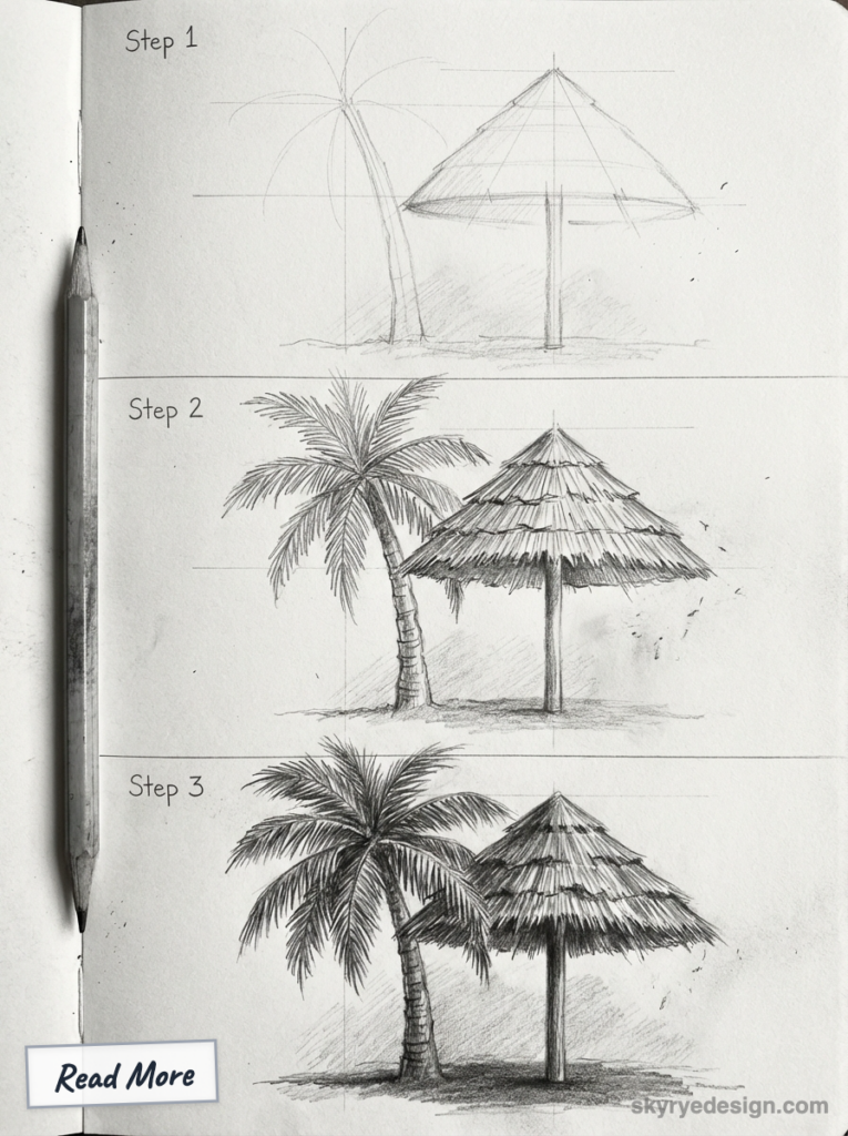 Pencil sketch tutorial: palm tree & thatched beach umbrella, three-step drawing guide on a notebook page with pencil.