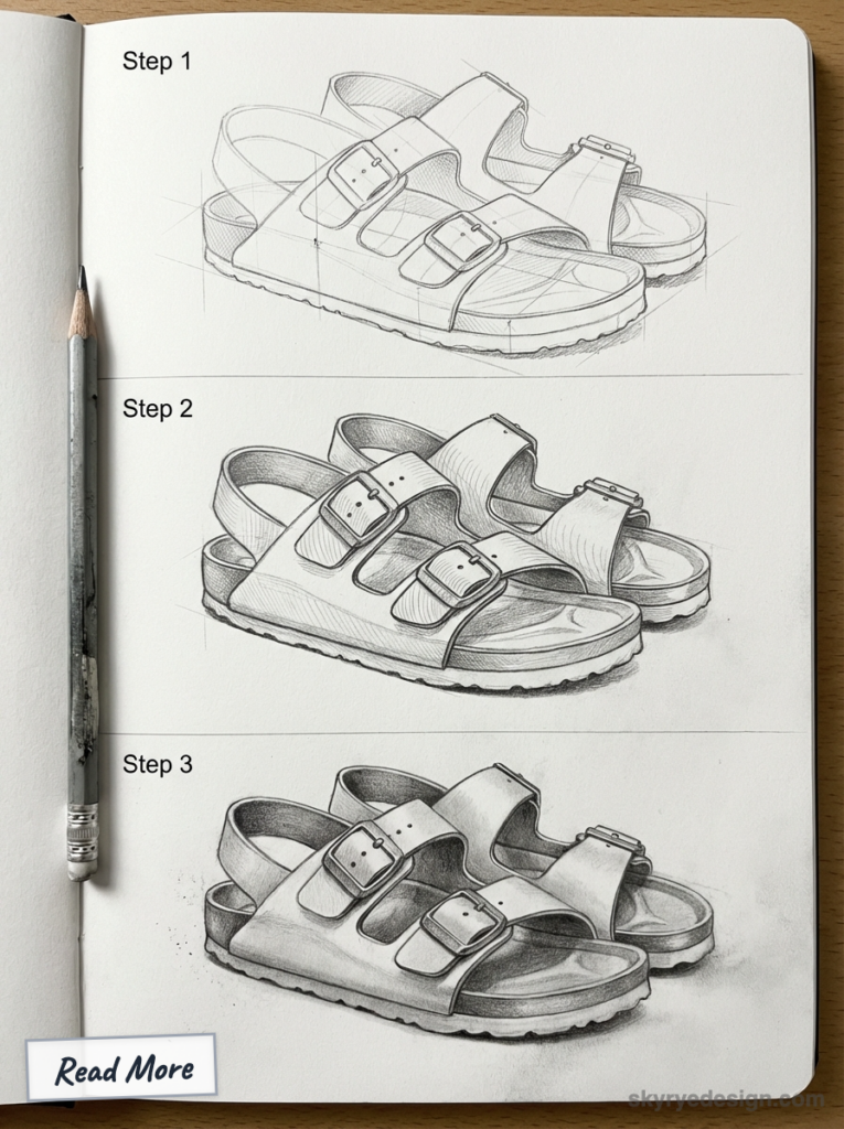 Step-by-step pencil sketch progression of buckled two-strap sandals in a sketchbook with a pencil — drawing tutorial illustration.