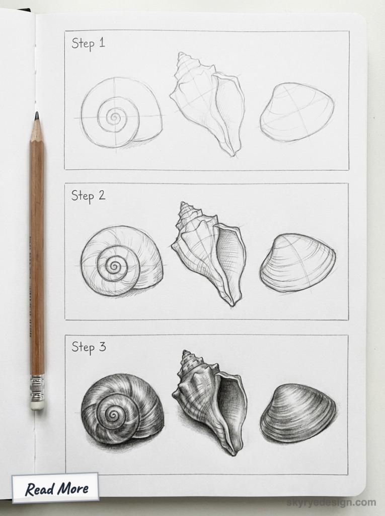 Step-by-step pencil drawing tutorial of three seashells in a sketchbook, from rough construction lines to detailed shaded renderings.