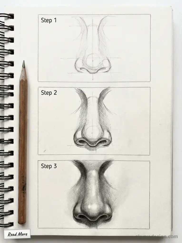 Step-by-step pencil sketch tutorial of a nose on a notepad, with a wooden pencil beside it.