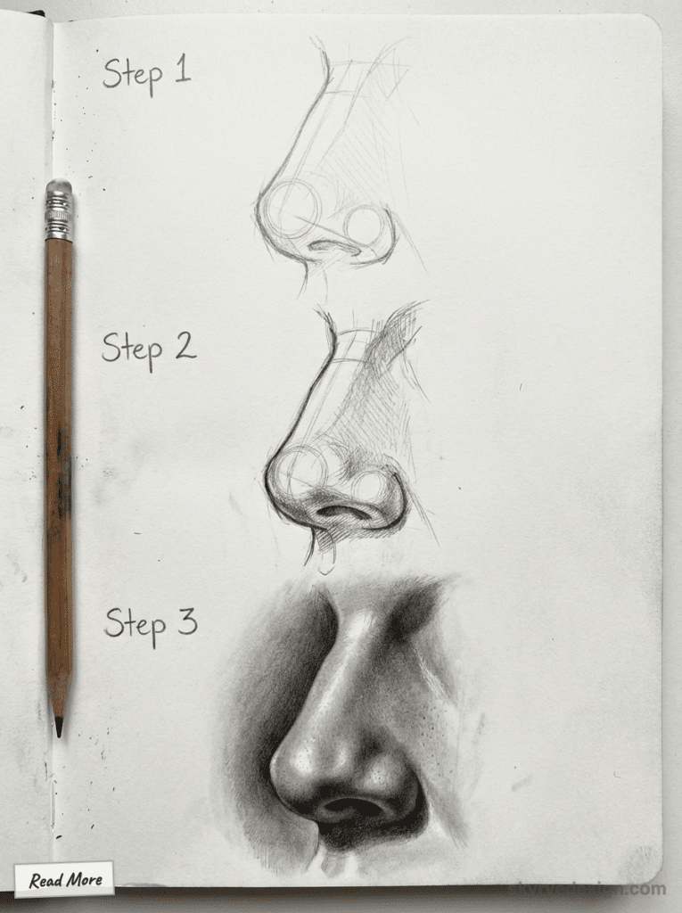sketch-tutorial 58 Step-by-step pencil drawing guide for sketching a realistic nose. Includes three progressive stages from outline to shading. | Sky Rye Design Step-by-step pencil drawing guide for sketching a realistic nose. Includes three progressive stages from outline to shading.