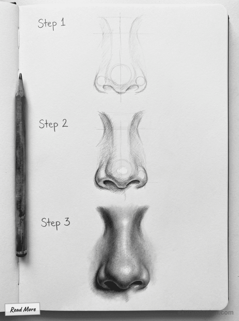sketch-tutorial 59 Step-by-step guide: drawing a realistic nose from sketch to detailed shading on paper with pencil, including three progressive stages. | Sky Rye Design Step-by-step guide: drawing a realistic nose from sketch to detailed shading on paper with pencil, including three progressive stages.