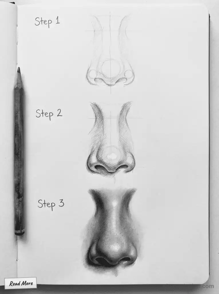 Step-by-step guide: drawing a realistic nose from sketch to detailed shading on paper with pencil, including three progressive stages.