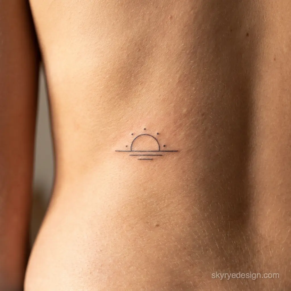 Minimalist line-art sunset tattoo on bare side torso with thin horizon lines and small dots