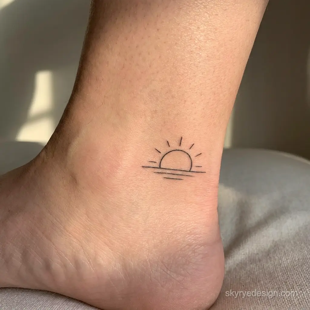 Tiny sunset ankle tattoo, minimal linework sun and horizon design on skin