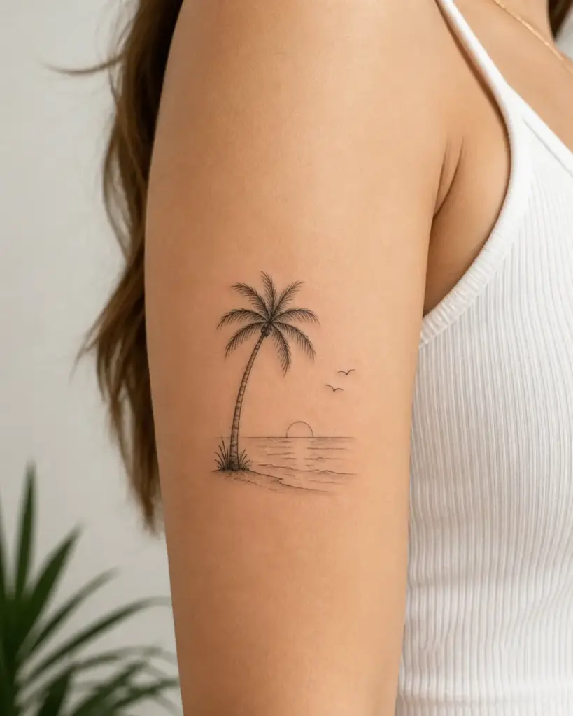 Minimal black line palm tree tattoo with beach, setting sun and birds on upper arm of woman in white tank top