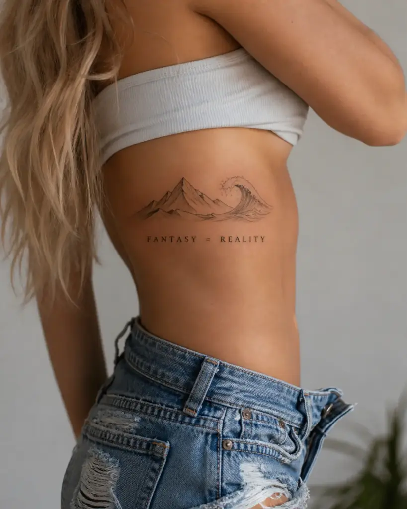 Woman's side rib tattoo: delicate mountain and wave line art with 'FANTASY = REALITY' text, crop top, ripped denim shorts