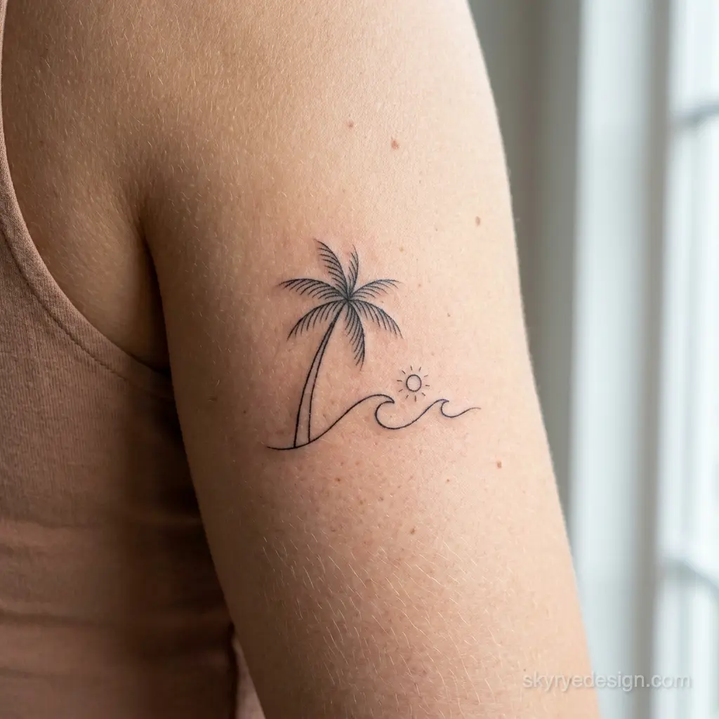 Minimalist fine-line palm tree tattoo on upper arm with wave and sun motif, black ink beach design