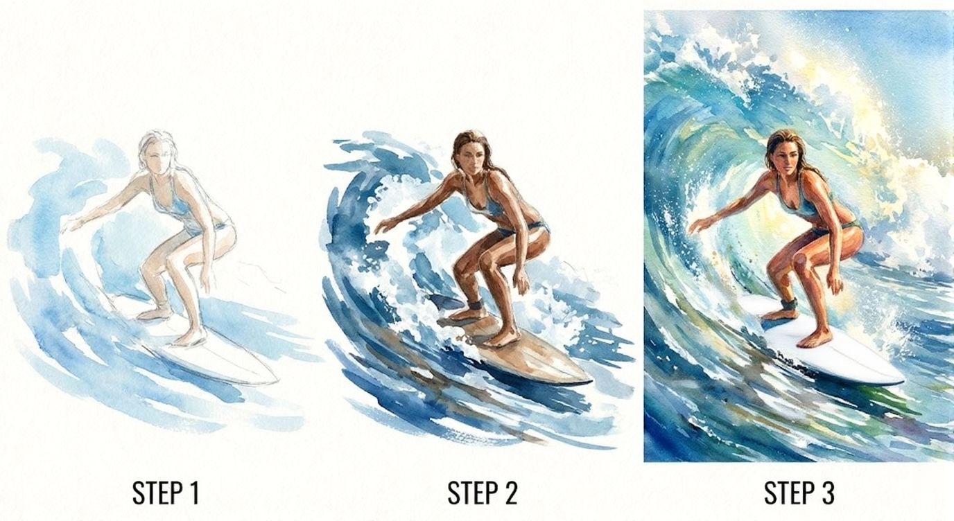 Step-by-step watercolor tutorial showing a woman surfing: three stages from rough sketch to vibrant finished painting of a surfer riding a breaking wave.