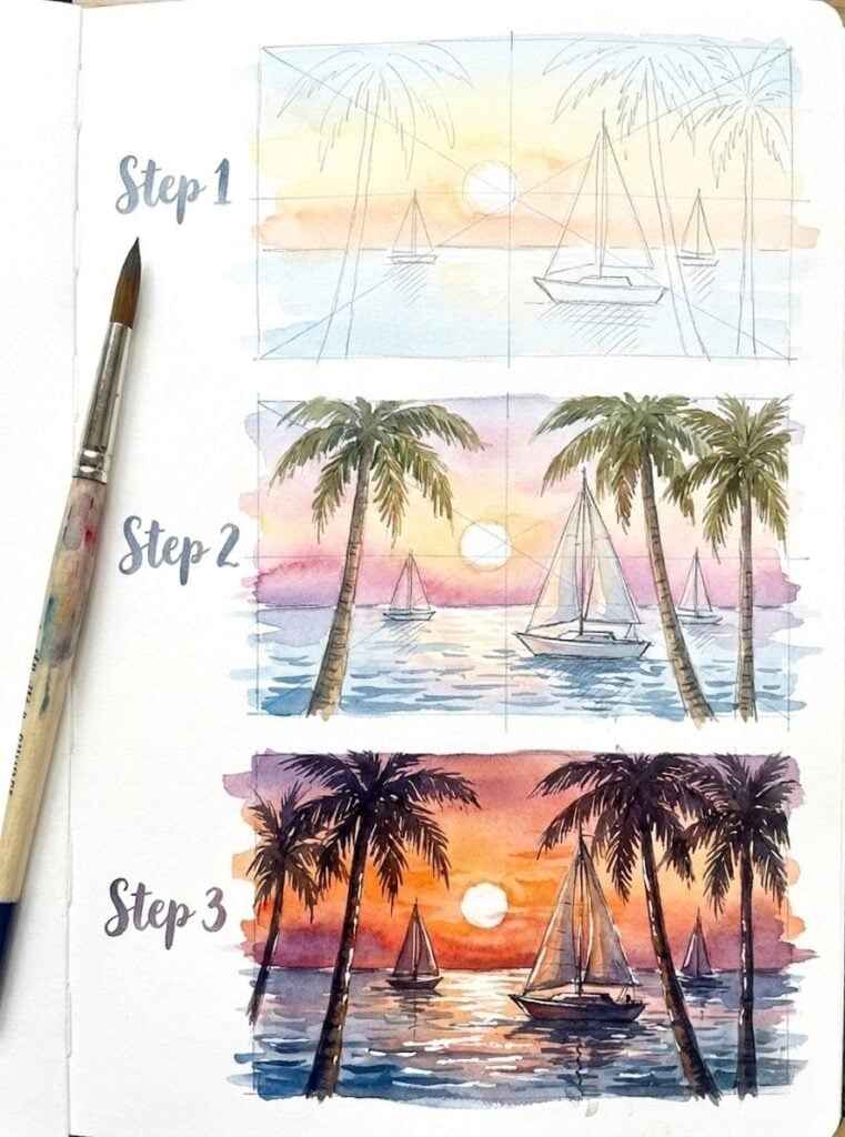 Step-by-step watercolor sunset tutorial: seascape with palm trees and sailboats, sketch to vibrant finished painting