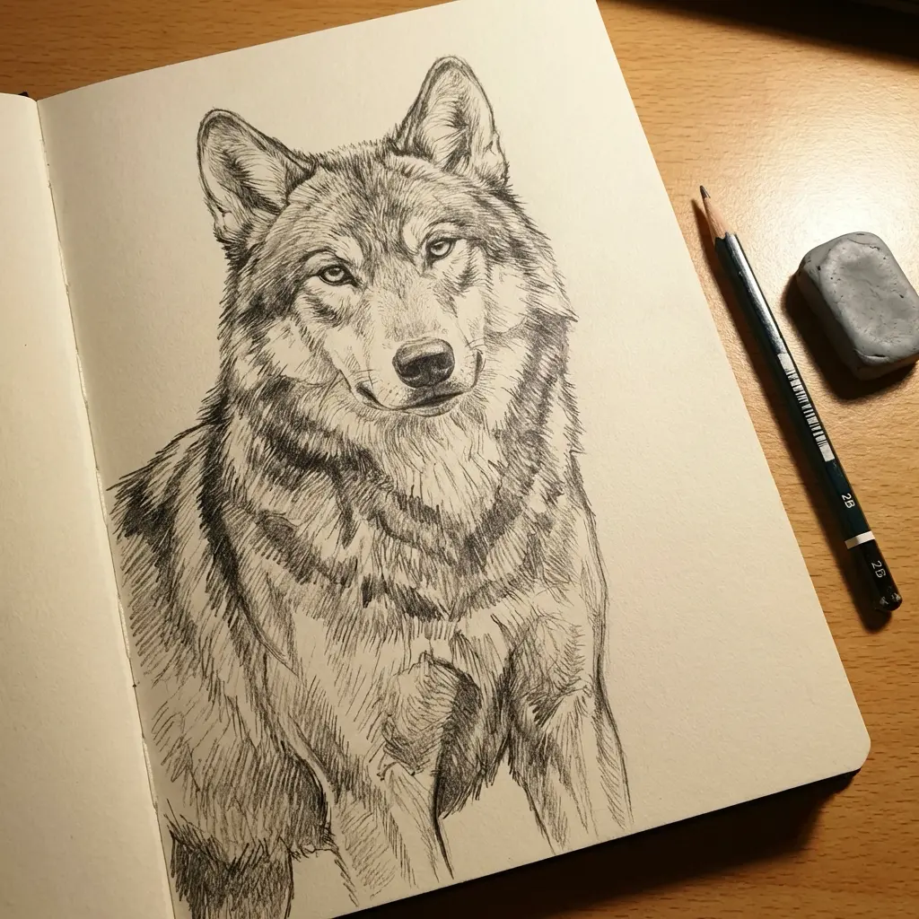 Pencil sketch of a wolf in a sketchbook on a wooden desk with a pencil and eraser