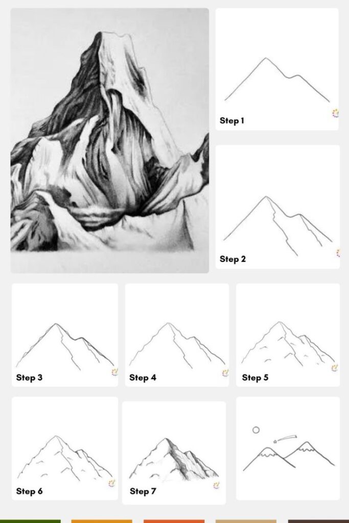 Step-by-step guide to drawing a realistic mountain, starting from a basic outline to the final detailed sketch.