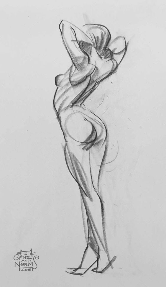 Expressive charcoal figure sketch of a standing nude woman with arms raised, depicted in dynamic lines and shading.