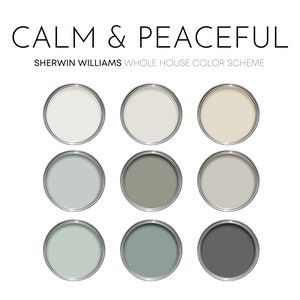 Calm & Peaceful Sherwin Williams whole house color scheme featuring soothing neutrals and greens in paint cans.