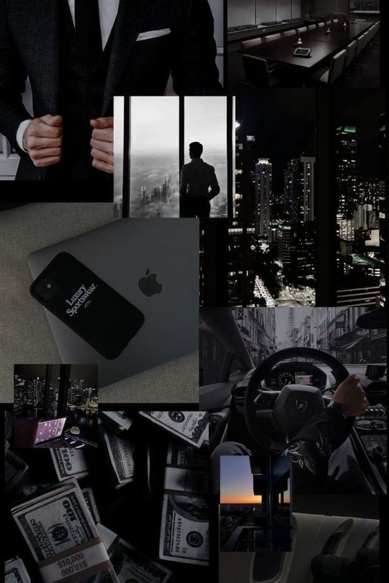 Collage of luxury lifestyle elements: cityscape, money, luxury car interior, sleek office, businessman in suit, and gadgets.