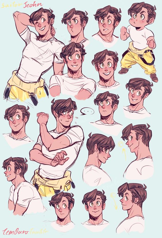 Character expressions and poses of a young man in a white shirt and yellow pants, showing various emotions and actions.