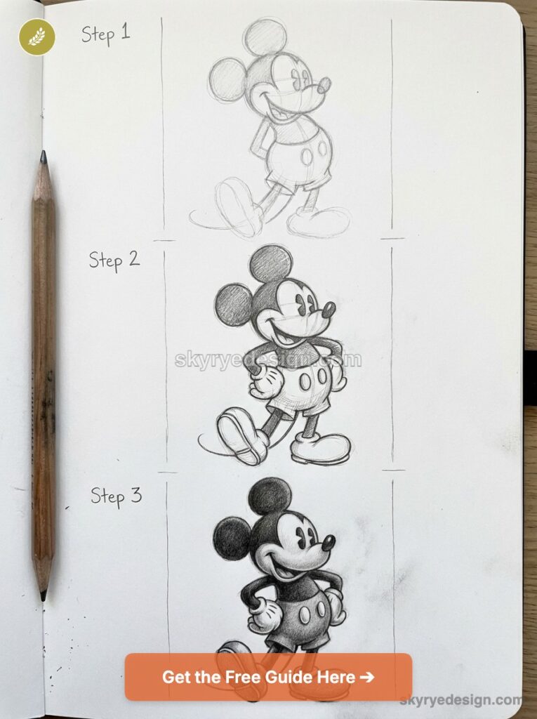 Step-by-step pencil drawing tutorial of Mickey Mouse in a sketchbook, showing sketch, refined lines and shading with pencil