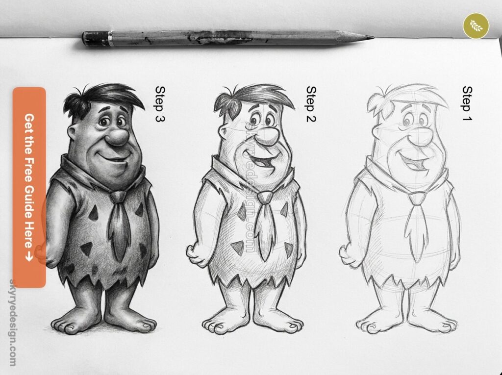 Cartoon caveman character sketch tutorial — step-by-step pencil drawings showing three design stages