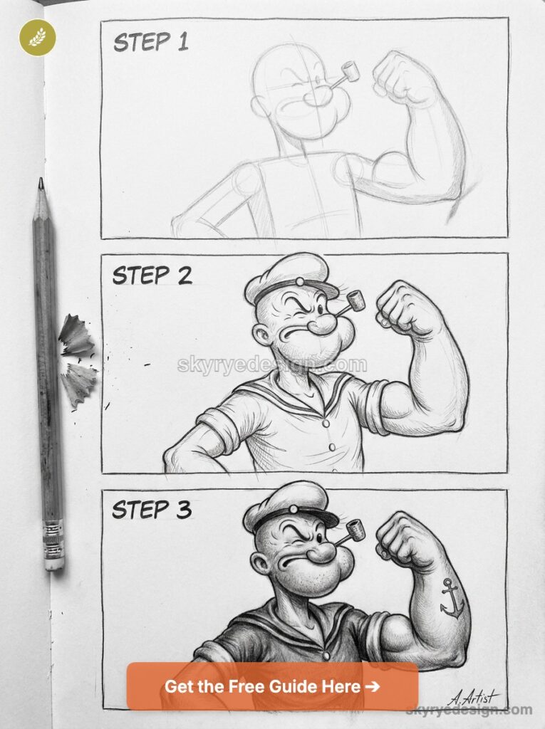 Popeye drawing tutorial — three pencil stages from rough sketch to fully shaded cartoon sailor flexing arm with pipe