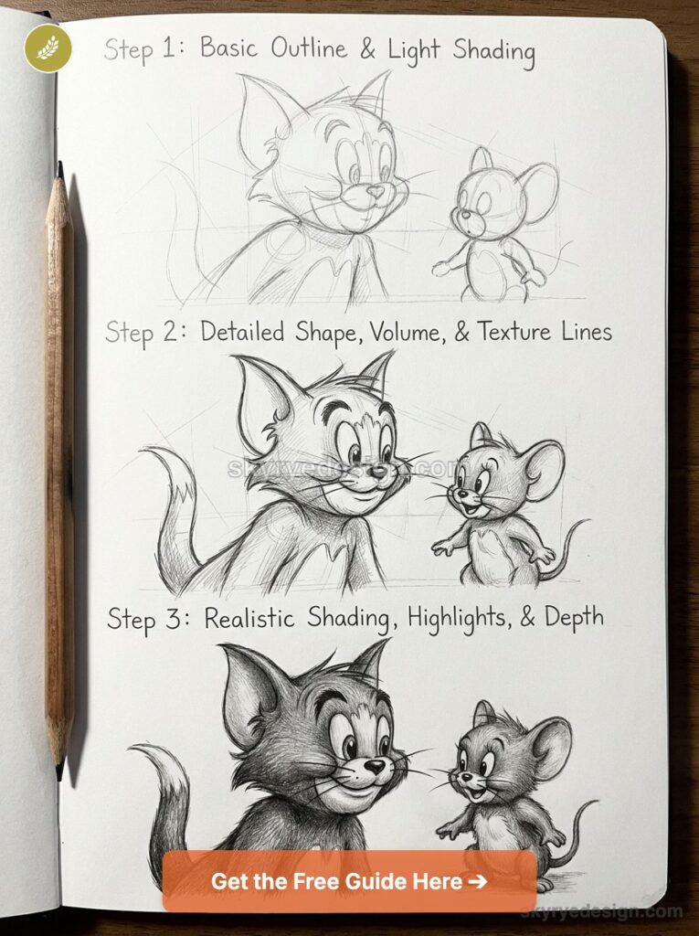 Notebook page showing step-by-step pencil drawing tutorial of a cartoon cat and mouse in three stages, with pencil at left.