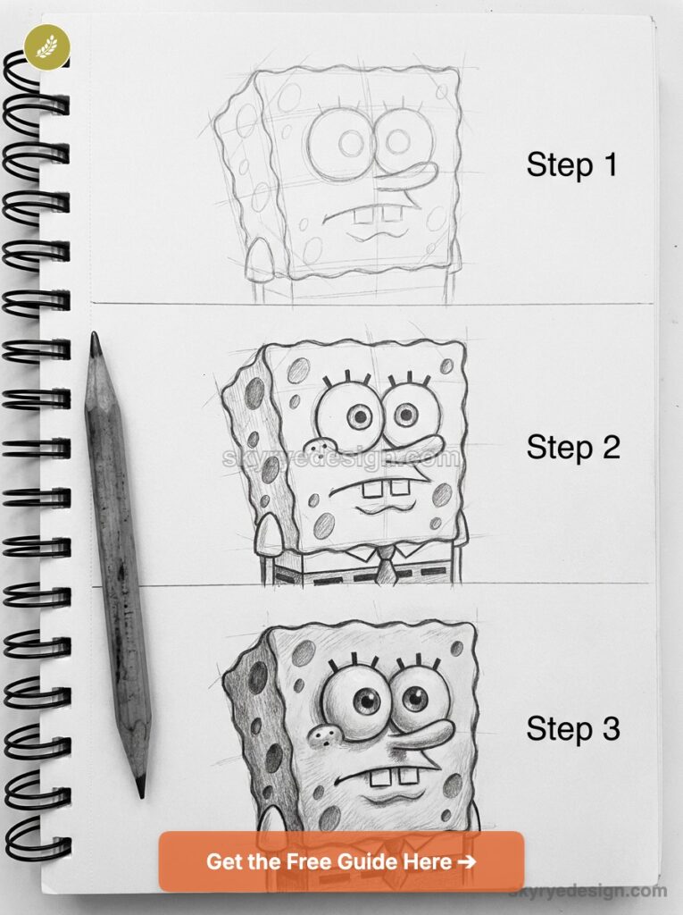 Three-panel pencil drawing of SpongeBob showing Step 1 rough sketch, Step 2 cleaned drawing, and Step 3 final shading; pencil rests to the left