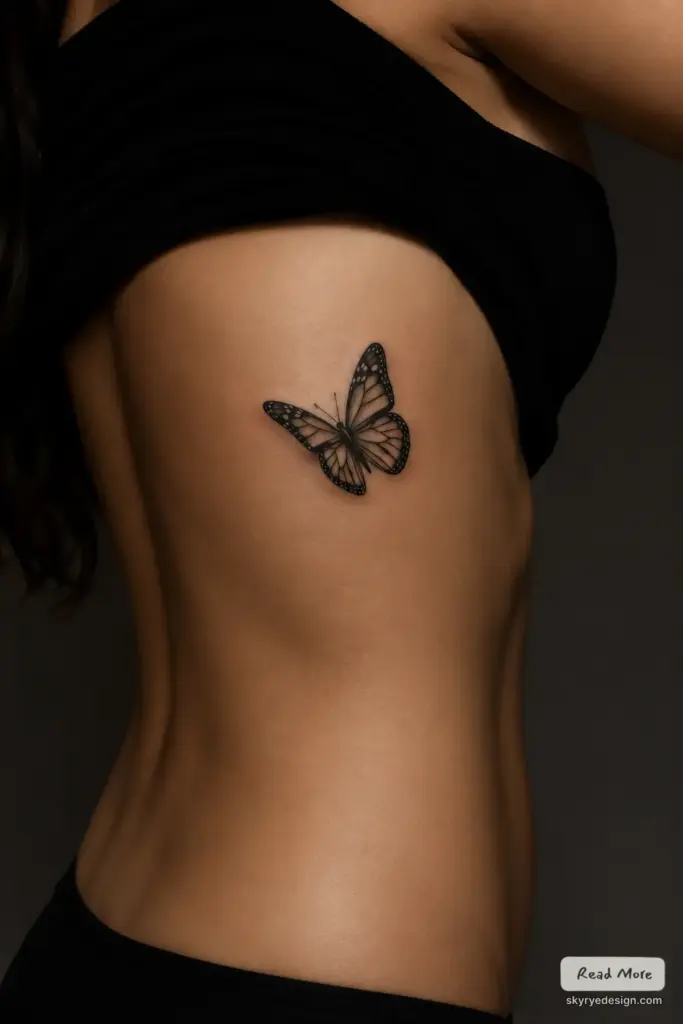 Black-and-gray realistic butterfly tattoo on woman's ribcage, minimalist side-torso ink on smooth skin