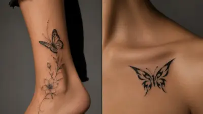 Butterfly tattoo designs - delicate floral ankle tattoo and bold black tribal chest butterfly (split image)
