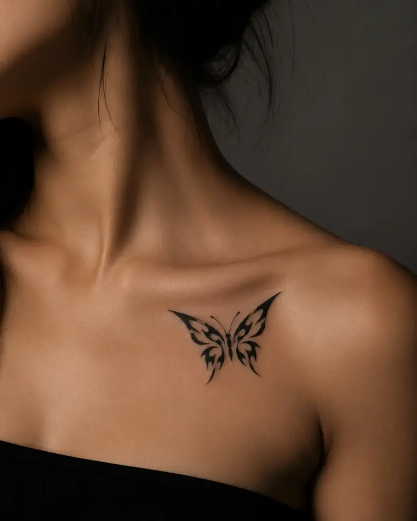 Black tribal butterfly tattoo on clavicle and upper chest, close-up on smooth tanned skin