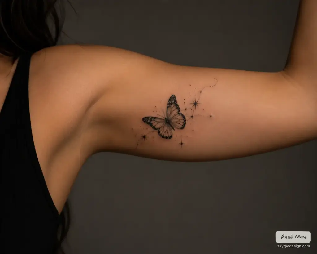 Fine-line black butterfly tattoo with star accents on inner upper arm — minimalist feminine ink design