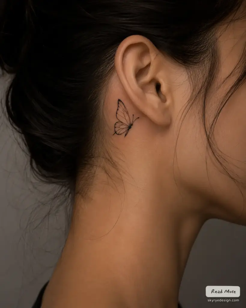 Minimalist black line butterfly tattoo behind ear on woman's neck — small delicate behind-ear ink