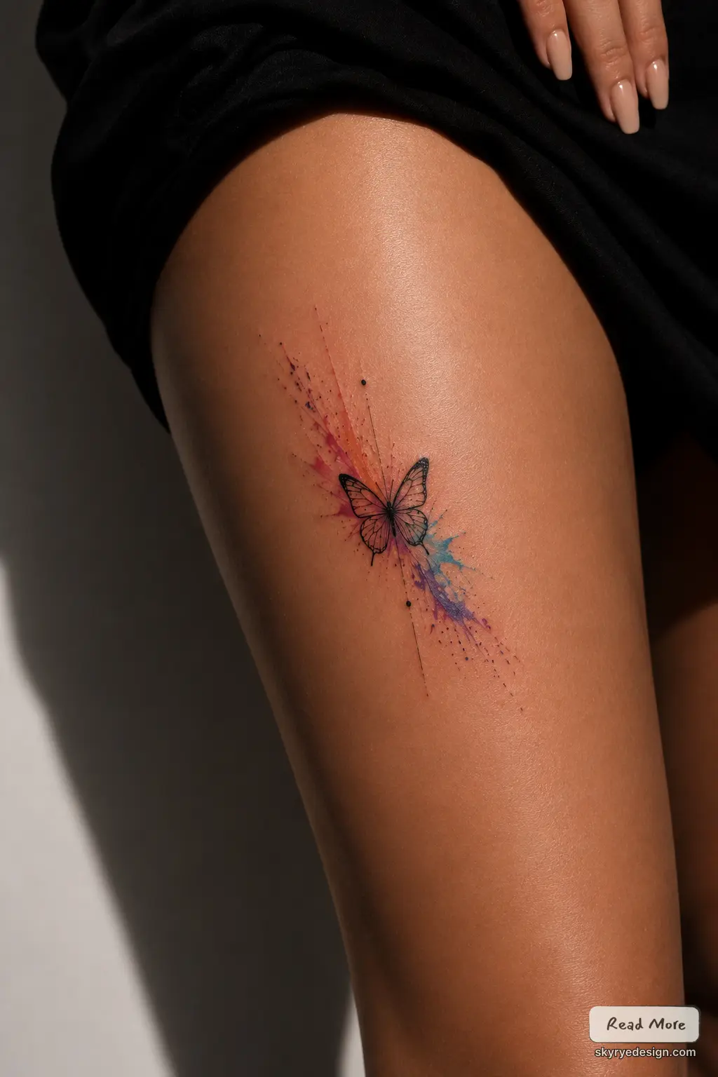Watercolor butterfly tattoo on upper thigh with pink and blue splash, fine black line details