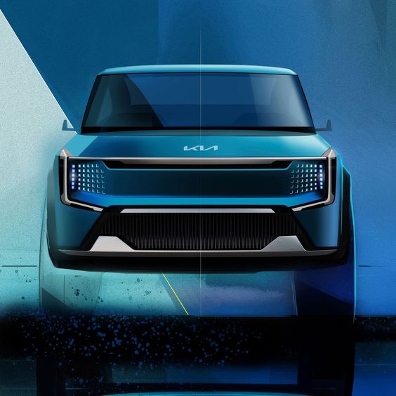 Front view of a sleek, modern electric SUV with blue accent lighting, featuring the Kia logo on its grille.