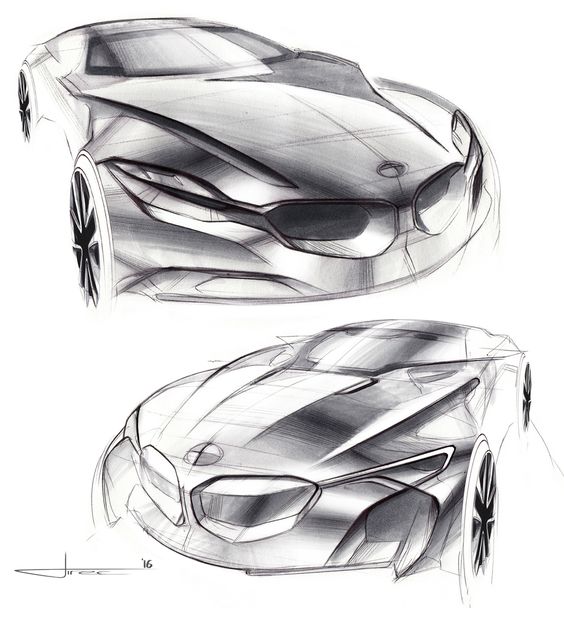 Concept sketches of a futuristic sports car design, showcasing sleek lines, aerodynamic shape, and advanced features.